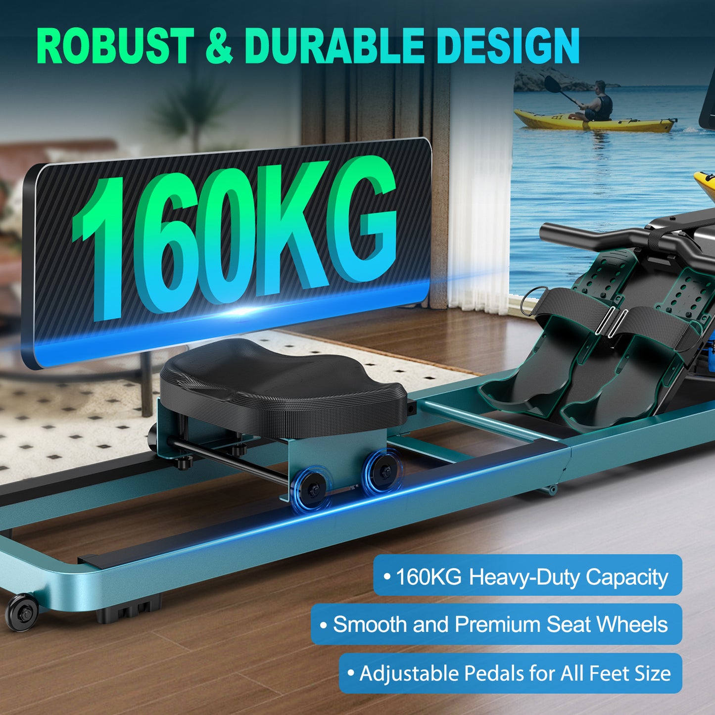 Rowing Machine for Home, Water Rowing Machine with Bluetooth Monitor, Foldable Rowing Machine, Rowing Machines with Adjustable Table Holder, 160 Kg Weight Capacity