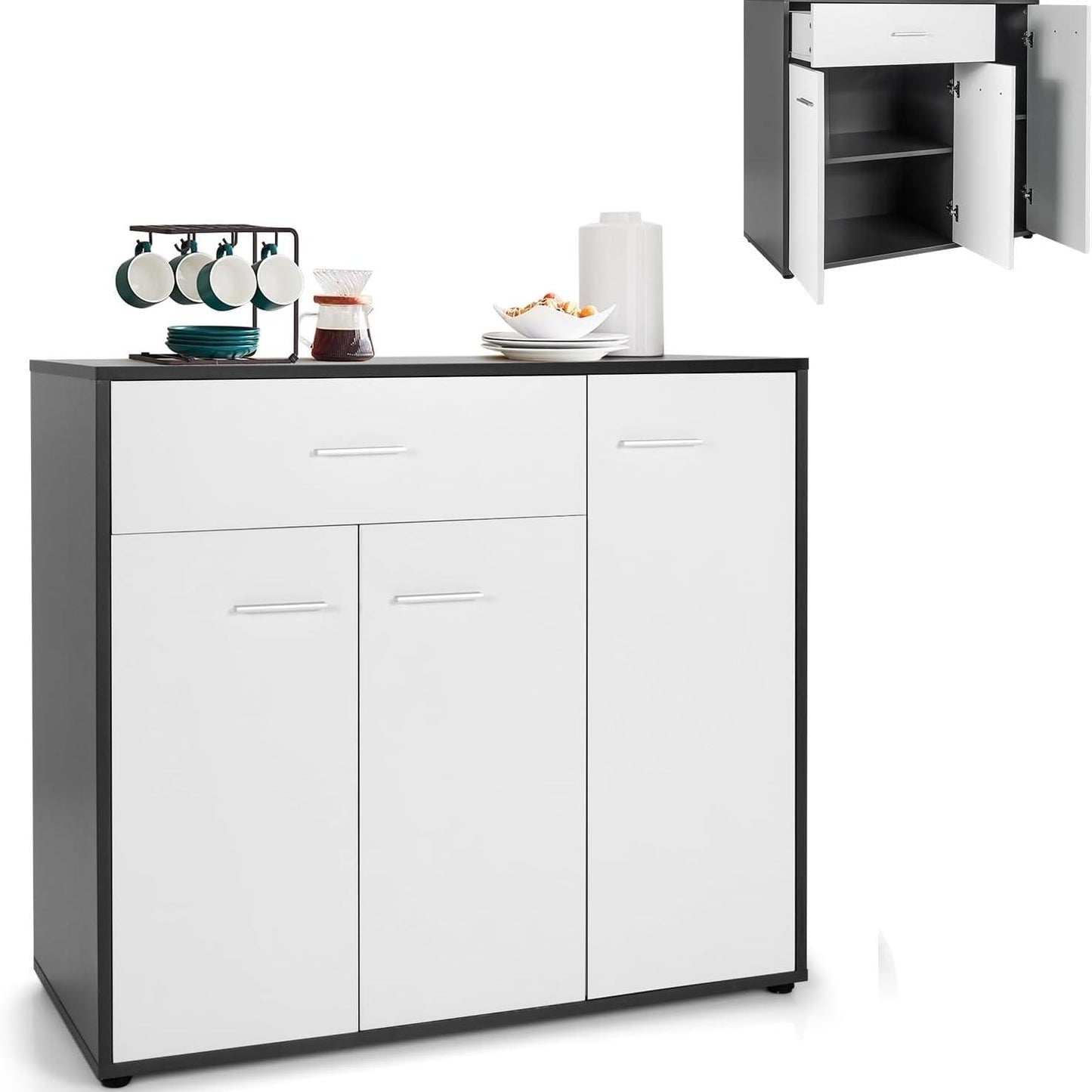 Modern Sideboard – Dressoir – Kast – Opbergmeubel – Servieskast – Grijs-Wit – Kiepbeveiliging – Verstelbare Legplank