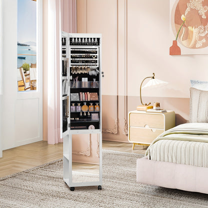 Verticale Sieradencabinet – Sieradenkastje – Spiegelkast – Organizer – Accessoirekast – Met Slot en Wieltjes – MDF met Fluwelen Voering – 36x40x170 cm – Wit/zwart