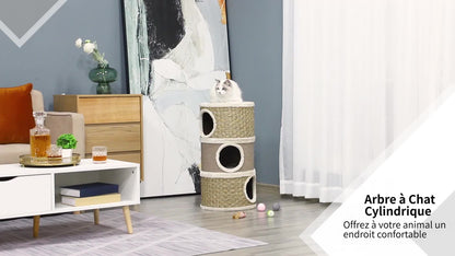 Krabton Kat – Krabpaal Kattenboom – Kattenmeubel Krabpaal – Kattenhuis Klimeiland – Kraboppervlak Sisal – Twee Verdiepingen – Zacht Pluche – Compact 70x37,5x37,5 cm – Khaki Bruin