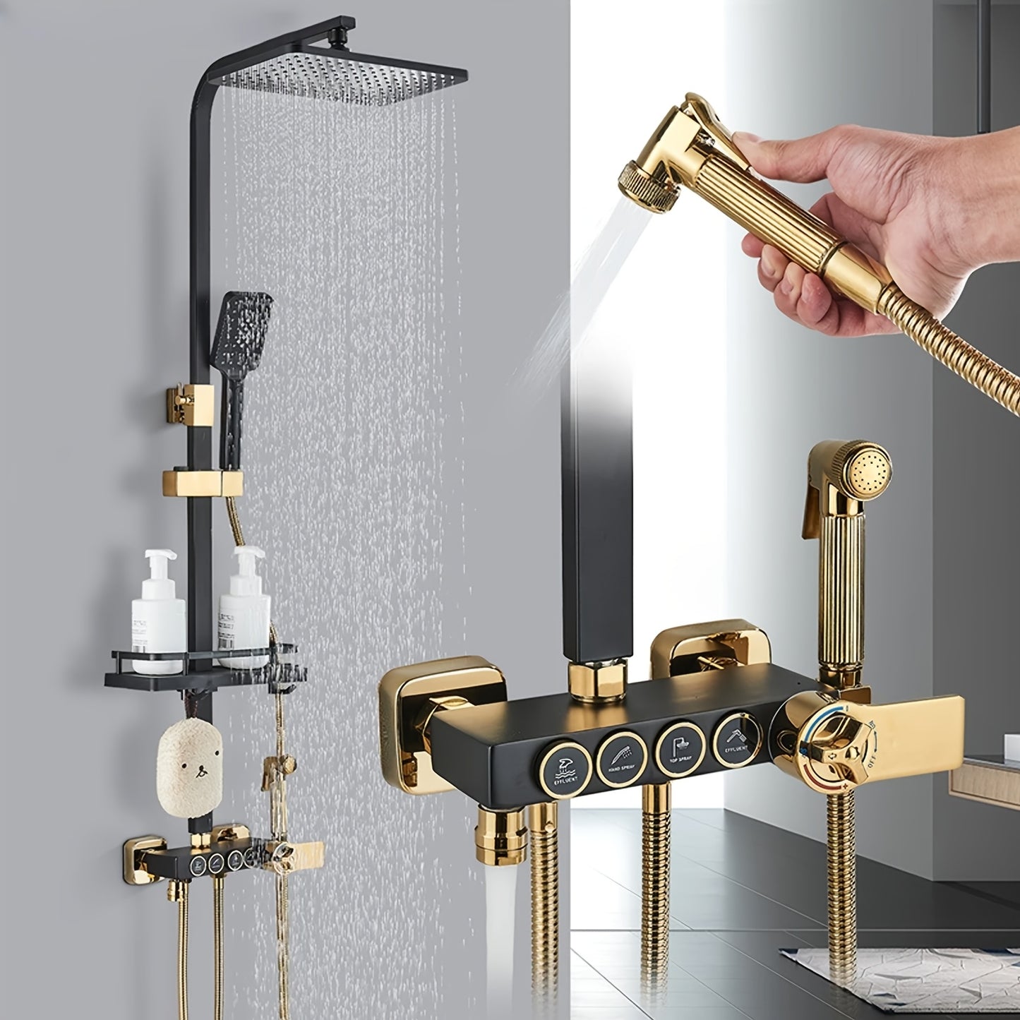 Regendouche – Douchesysteem – Douchekop – Handdouche – Waterval Douche – Zwart-Gouden Afwerking – Messing Materiaal – Thermostatische Mengkraan
