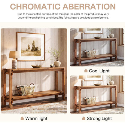 Console table, 160cm long, 2-tier entryway table, coffee table with storage, farmhouse wood back coffee table for living room, hallway (brown)