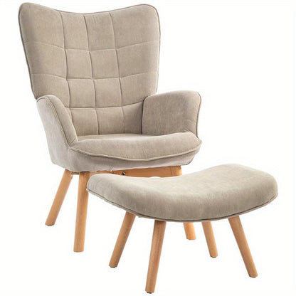 Modern Accent Chair with Ottoman - Ergonomic High-Density Foam Cushion & Hardwood Legs, Multifunctional Lounge Chair with Removable Ottoman, Easy Assembly, Beige/Neutral Tones for Living Room, Bedroom, Hallway - Durable Plast
