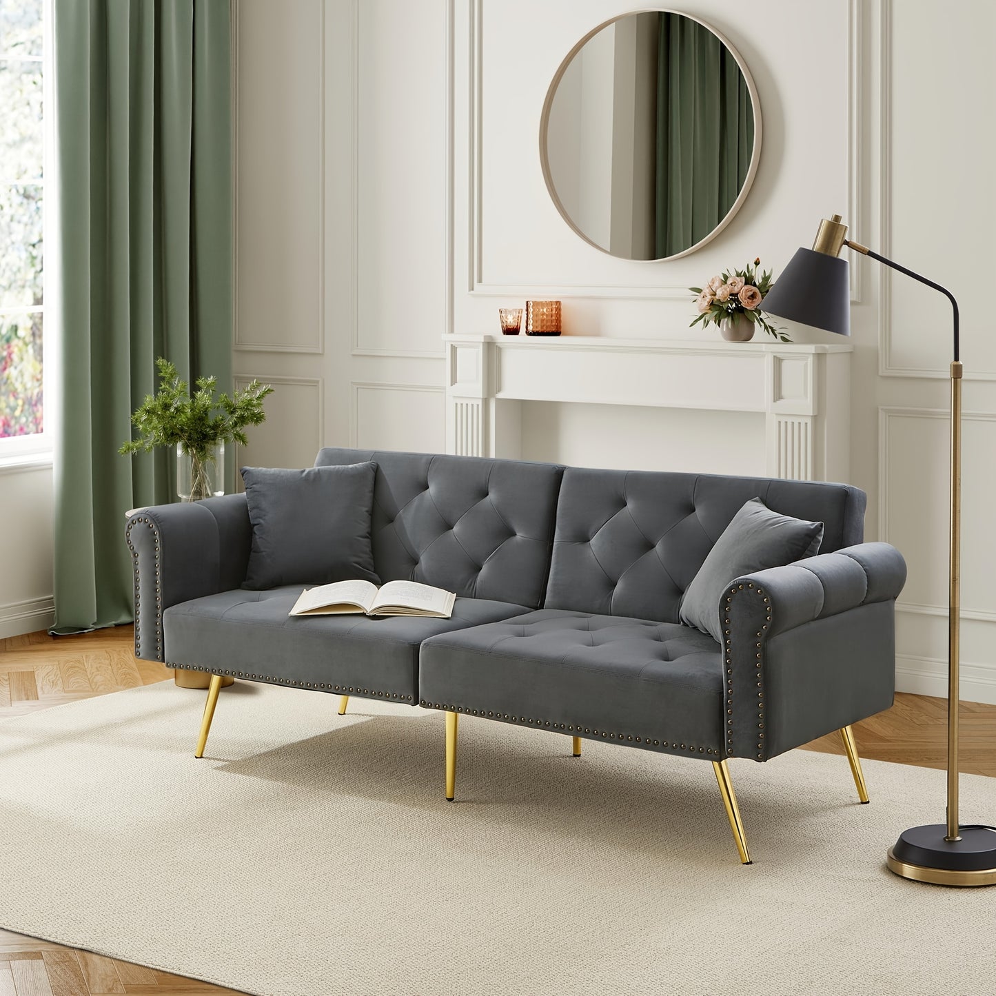 Modern Double Sofa Bed - Velvet Cover, Backrest with 3 Levels Of Adjustment And Gold Plated-plated Metal Feet Stylish Sofa with Sleeping Function - Space-saving And Flexible, Ideal for Small Rooms