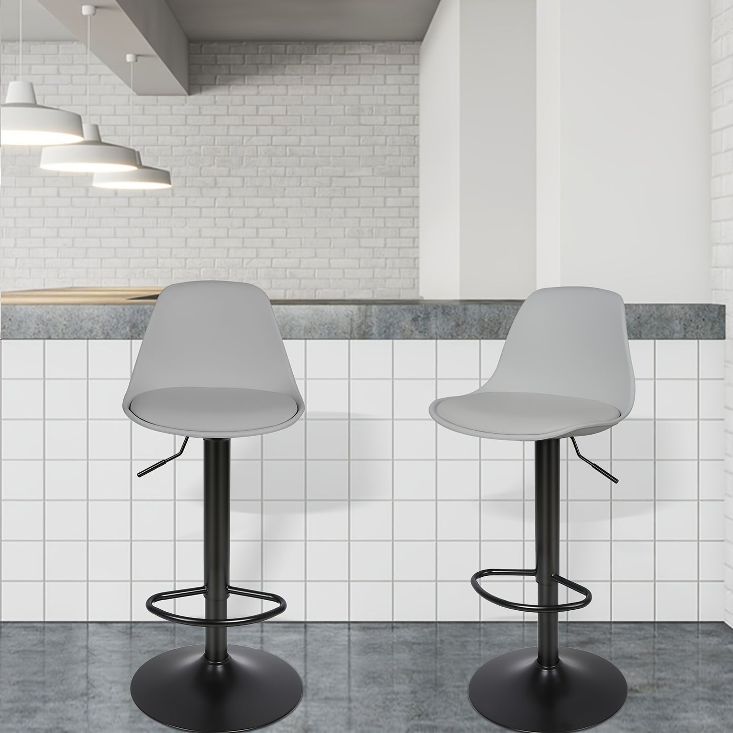 Two-Piece Set of Bar Stools with PUPU PU Soft Cushioned Seats, Adjustable Height (55-75Cm) - Suitable for Modern Swivel Bar Stools in Kitchen Islands, Cafes, And Dining Room Tables, Heavy-Duty Metal Frame with Footstool (Gray