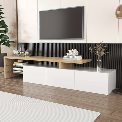 Tv Meubel – TV Kast – TV Meubelkast – Mediameubel – TV Dressoir – Hoogglans Wit – Bamboe Met Glazen Planken – Minimalistisch Ruimtebesparend Design