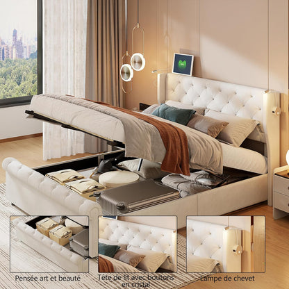 Opbergbed – Tweepersoonsbed – Bedframe – Fluwelen Bed – Stijlvol Bed – 160 x 200 cm – Hydraulische Lift – LED Leeslicht met USB Poorten
