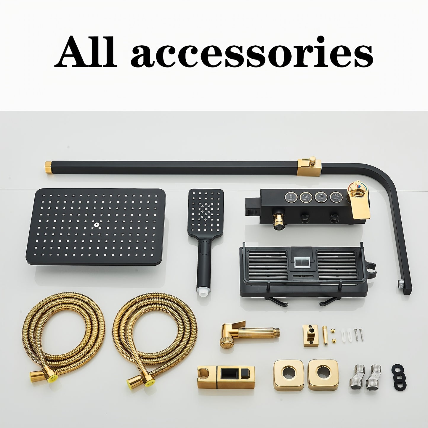 Regendouche – Douchesysteem – Douchekop – Handdouche – Waterval Douche – Zwart-Gouden Afwerking – Messing Materiaal – Thermostatische Mengkraan