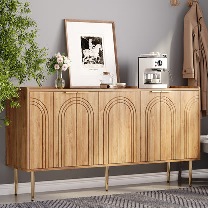 Modern Sideboard – Dressoir – Opbergkast – Wandkast – Kast – Gebogen Reliëfdeuren – Goudkleurige Metalen Poten – 140 cm – Verstelbare Planken