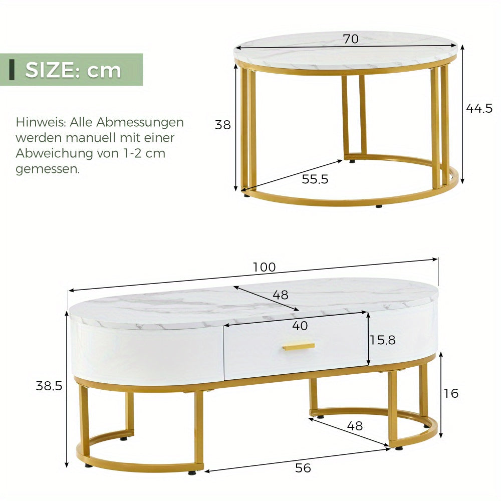 Salontafel – Bijzettafel – Koffietafel – Tafeltje – Nesting tafel – Set van 2 – Metalen Gouden Frame – Wit Tafelblad – Modern Design