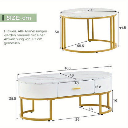 Salontafel – Bijzettafel – Koffietafel – Tafeltje – Nesting tafel – Set van 2 – Metalen Gouden Frame – Wit Tafelblad – Modern Design
