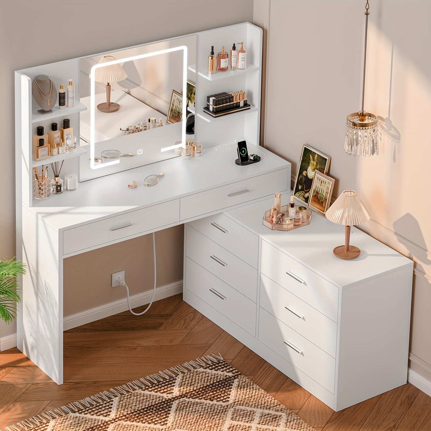 Toilettafel – Kaptafel – Make-up Tafel – Opmaaktafel – Hoekmake-uptafel – Verlichte Spiegel – Ingebouwd Stopcontact – 8 Laden – Ruim Werkblad – Wit – Eenvoudige Montage