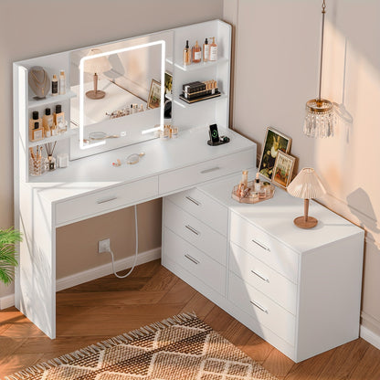 Toilettafel – Kaptafel – Make-up Tafel – Opmaaktafel – Hoekmake-uptafel – Verlichte Spiegel – Ingebouwd Stopcontact – 8 Laden – Ruim Werkblad – Wit – Eenvoudige Montage