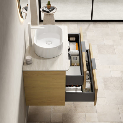 Badmeubel – Badkamermeubel – Wastafelmeubel – Onderbouwkast – Wastafel – 90 cm – Travertijn Sintered Stone Blad – Zwevend Multiplex Met Eiken Houtnerf
