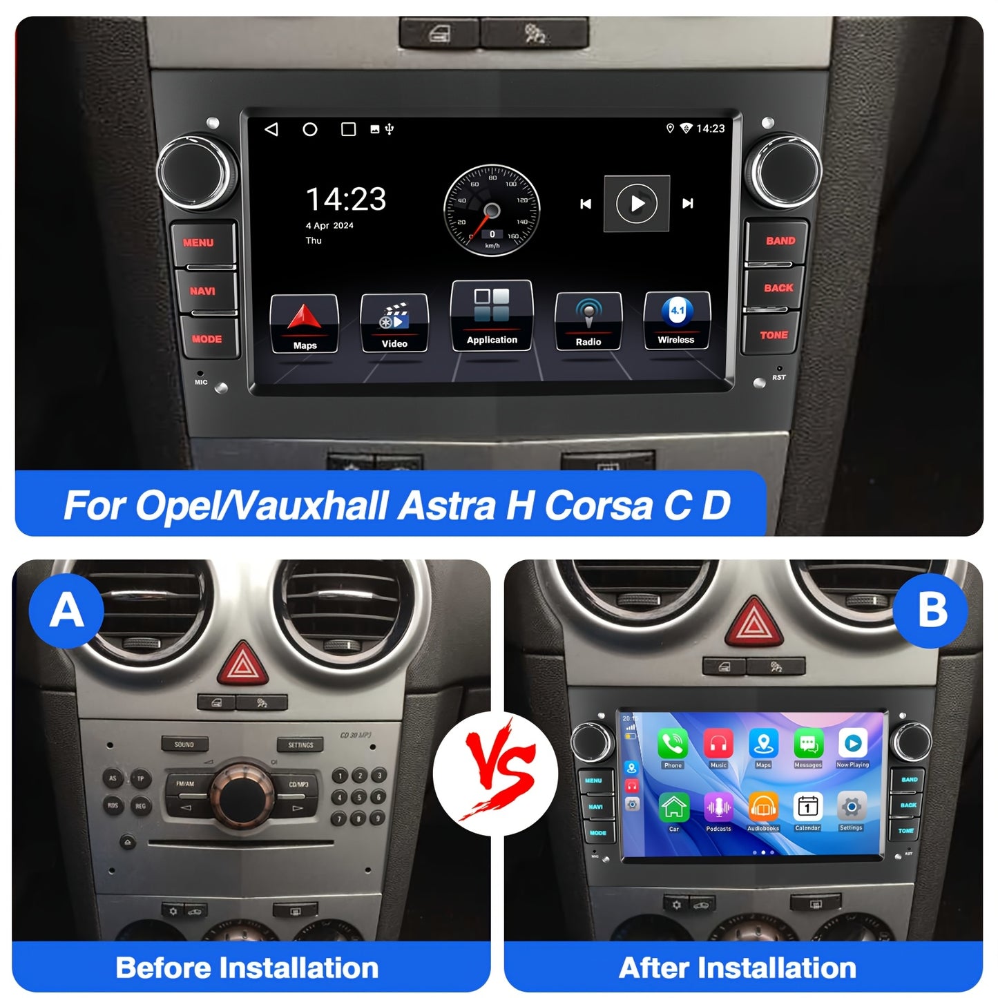 Autoradio Opel Astra H/G Corsa C/D Zafira B Vectra – 2 DIN 7 Inch Android 15 Touchscreen – Draadloos CarPlay & Android Auto – AHD Achteruitrijcamera & Stuurwielbediening
