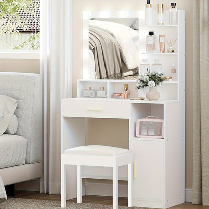 Kaptafel – Make-uptafel – Visagietafel – Schminktisch – Toilletset – Met Spiegel – 10 LED Lampjes – Verstelbare Lichtsterkte – 3 Open Planken – Inclusief Grote Lade en Kast