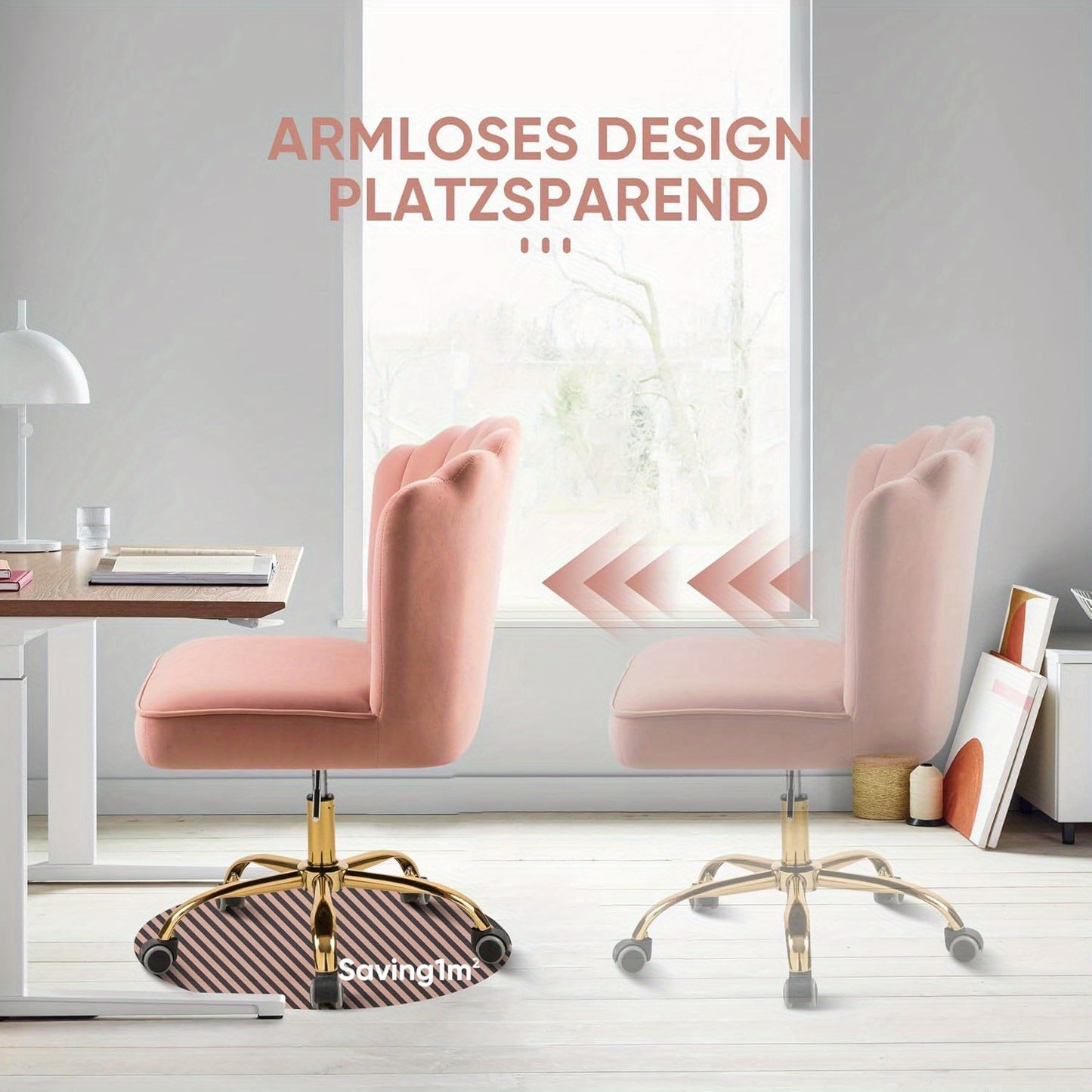Velvet Bureaustoel – Draaistoel – Study Chair – Ergonomische Stoel – Werkstoel – Verstelbaar in Hoogte – Houten Onderstel – Zachte Roze Stoffering – Max 135kg Belastbaar