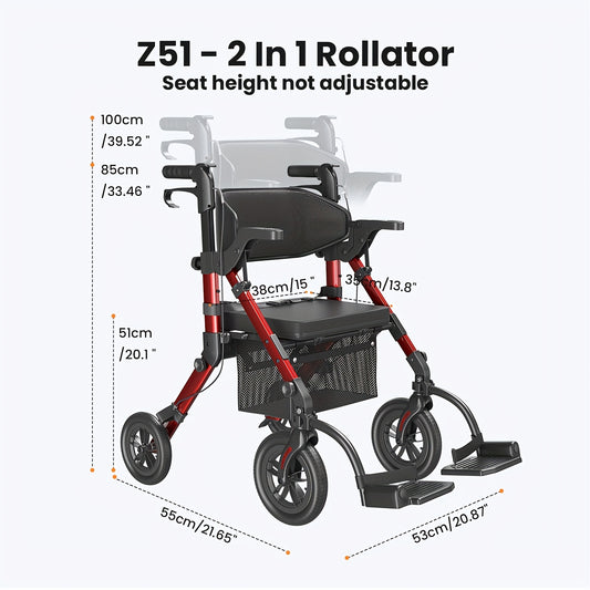 Rollator – Wandelwagen – Looprek – Mobiliteitshulpmiddel – Transportstoel – 2-in-1 Opvouwbaar – Lichtgewicht – Comfortabel Gevoerd Zitje – Draagvermogen 136 kg