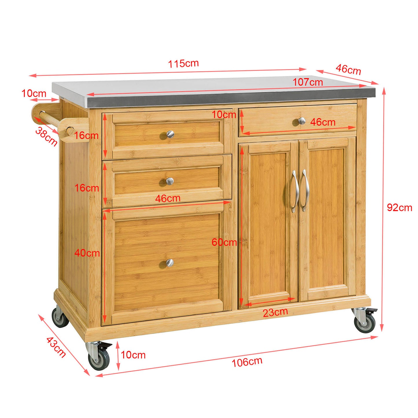 Keukentrolley – Keukenwagen – Serveerwagen – Werkbank op Wielen – Barwagen – Roestvrijstalen Werkblad – Vier Laden – Verstelbare Plank – 115x92x46 cm
