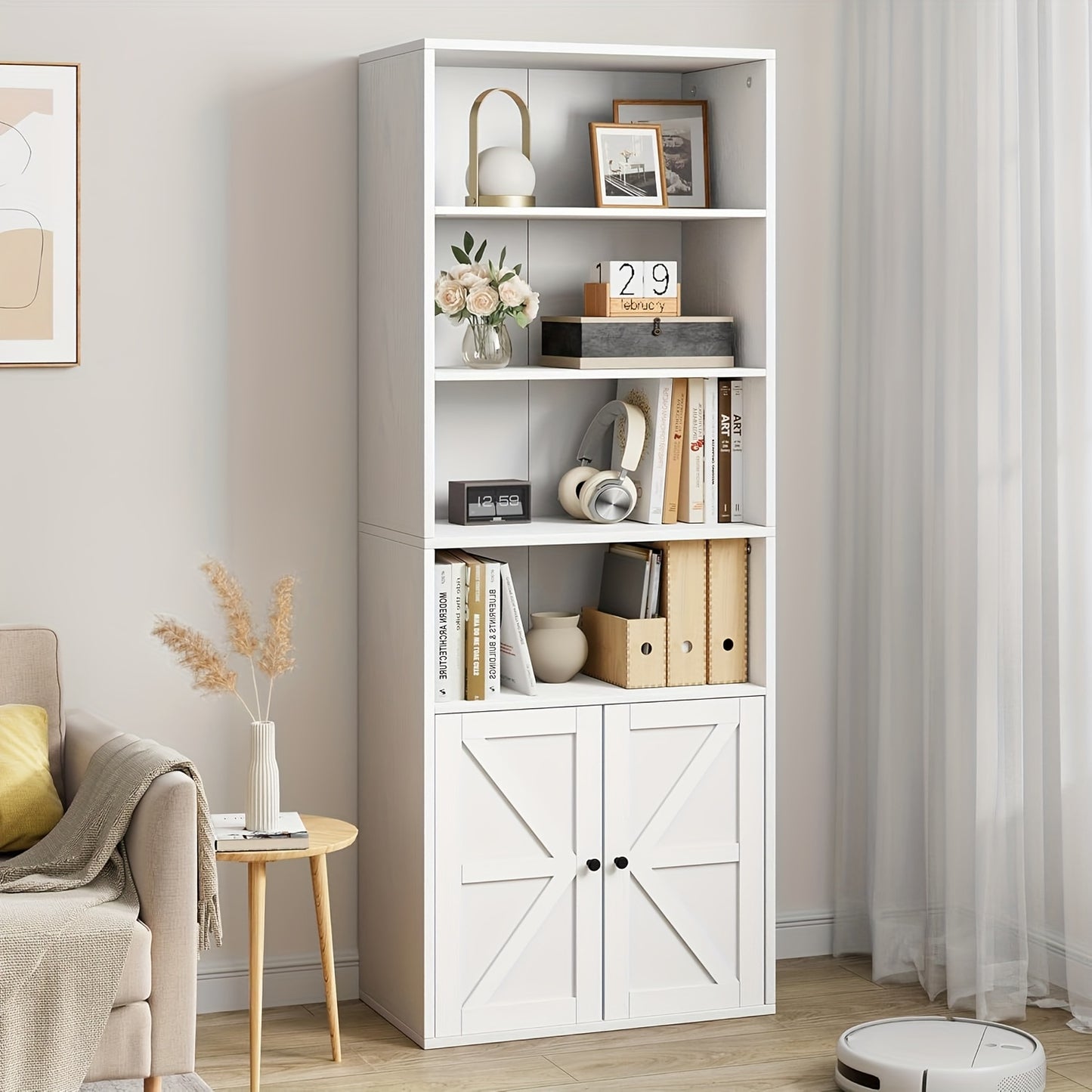 Boekenkast – Boekenrek – Open Kast – Vakkenkast – Opbergrek – Wit Hout – 6 Vakken Met Deuren – Robuust Hardhout – Vrijstaand – Eenvoudige Montage