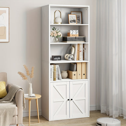 Boekenkast – Boekenrek – Open Kast – Vakkenkast – Opbergrek – Wit Hout – 6 Vakken Met Deuren – Robuust Hardhout – Vrijstaand – Eenvoudige Montage
