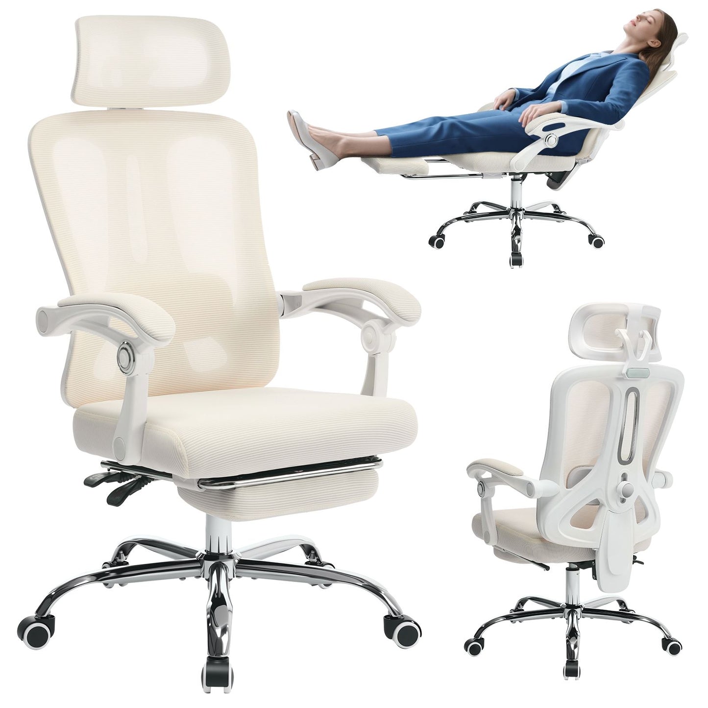 Ergonomische Bureaustoel – Kantoorstoel – Desk Chair – Werkstoel – Computestoel – Met Voetsteun – Verstelbare Lendensteun – 360° Draaibaar – Beige Mesh