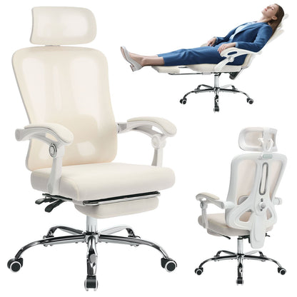 Ergonomische Bureaustoel – Kantoorstoel – Desk Chair – Werkstoel – Computestoel – Met Voetsteun – Verstelbare Lendensteun – 360° Draaibaar – Beige Mesh