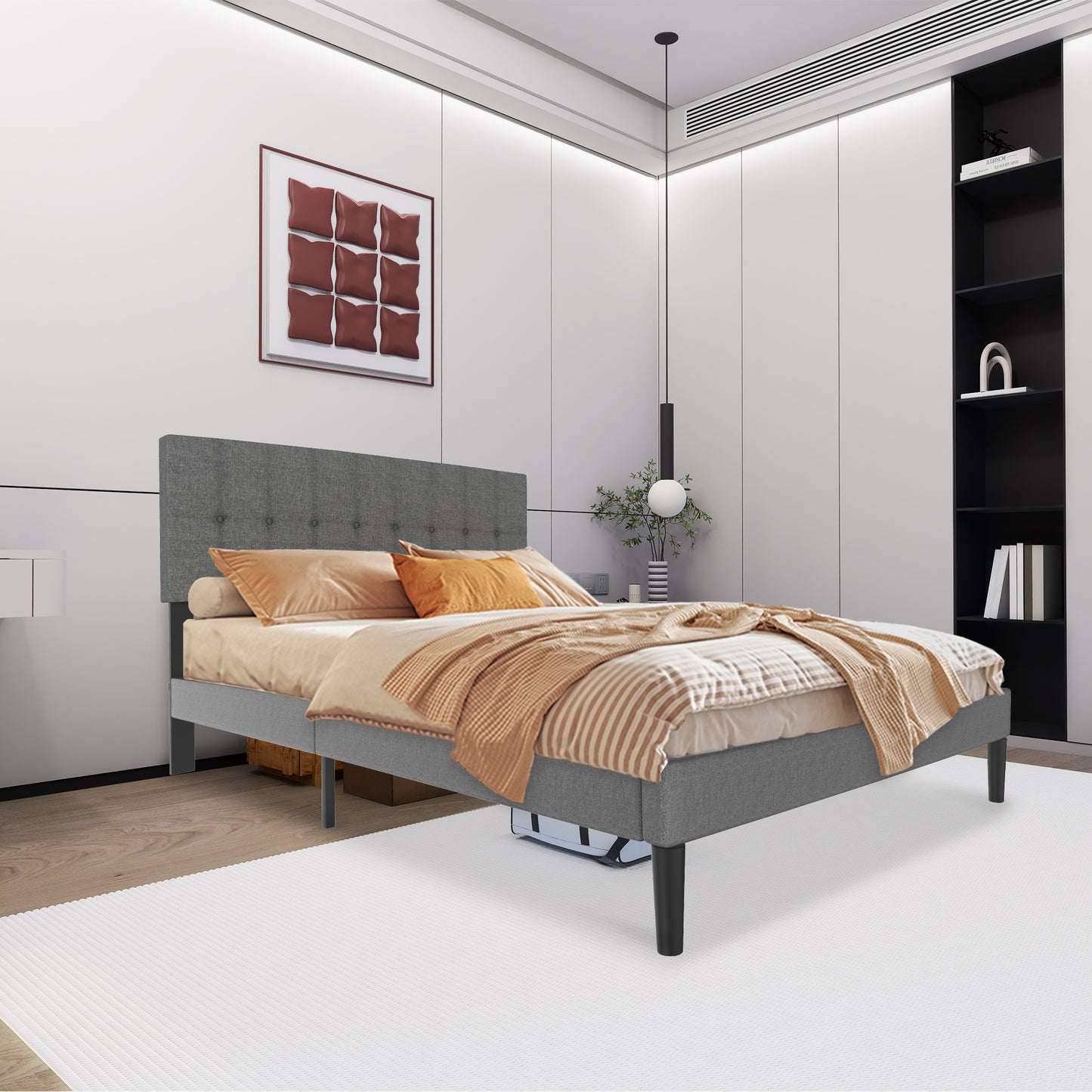 Bedframe – Gestoffeerd Bed – Tweepersoonsbed – Lattenbodem – Slaapbank – Linnen Hoofdbord – Stevig MDF & Massief Hout – Geschikt voor Matras 140x200 cm