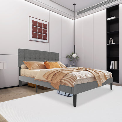 Bedframe – Gestoffeerd Bed – Tweepersoonsbed – Lattenbodem – Slaapbank – Linnen Hoofdbord – Stevig MDF & Massief Hout – Geschikt voor Matras 140x200 cm