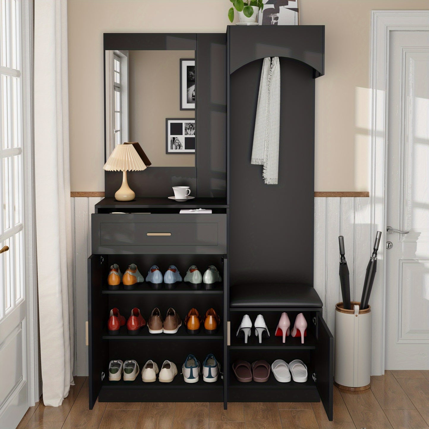 Modern Compact Wardrobe & Shoe Cabinet with Mirror - Freestanding Storage Cabinet with Adjustable Shelves, Doors & Drawers, Space-Saving Multifunctional Furniture for Small Spaces, Classic Contemporary Design, No Electrical R