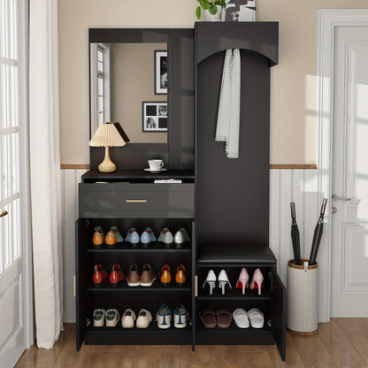 Modern Compact Wardrobe & Shoe Cabinet with Mirror - Freestanding Storage Cabinet with Adjustable Shelves, Doors & Drawers, Space-Saving Multifunctional Furniture for Small Spaces, Classic Contemporary Design, No Electrical R