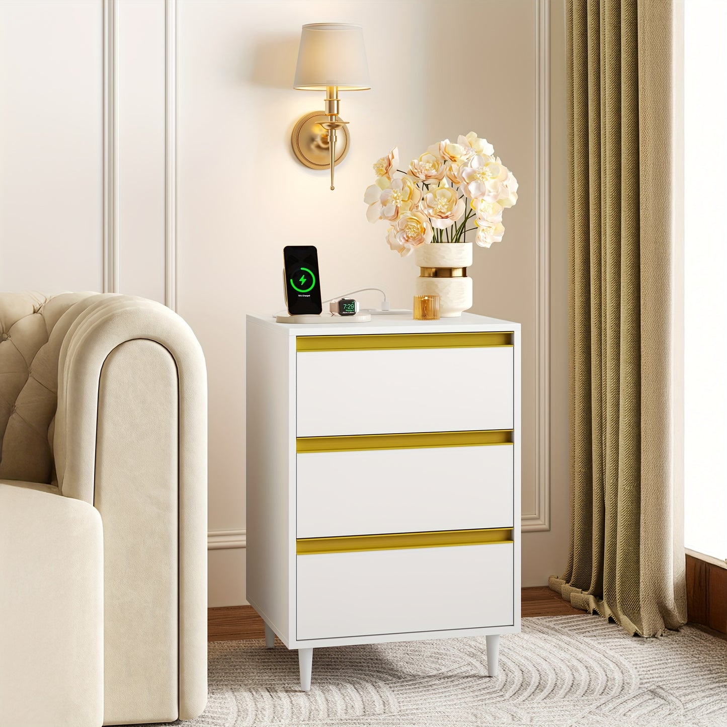 Witte Nachtkastjes – Nachtkastje – Bedkastje – Slaapkamerkastje – Bedtafeltje – Set Van 2 Met 3 Laden – Modern Minimalistisch Design – Massief Hout En Spaanplaat – 35x40x60 cm – Duurzaam En Praktisch