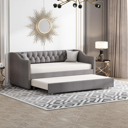 2-zits Slaapbank – Bedbank – Slaapbankje – Logeerbed – Bankbed – Grijs – King Size 90x200 cm – Duurzame Linnen Bekleding