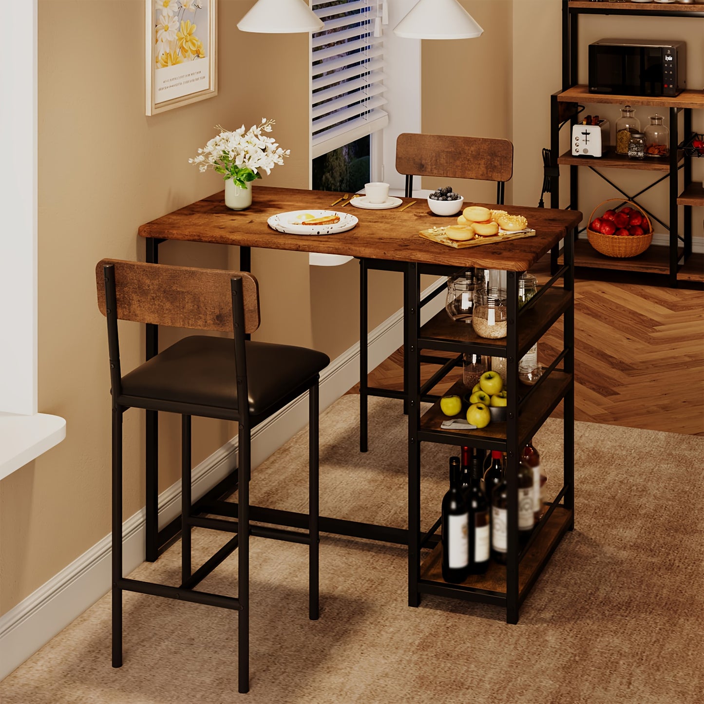 Retro Industriële Bar Set – Bistro Set – Keukentafel Met Stoelen – Barmeubel – Ontbijthoek Meubel – Compact 3-Delig – Duurzaam Hout En Metaal – Met 3 Niveaus Planken