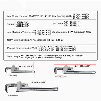 Pijpsleutel – Buizensleutel – Wringijzer – Moersleutel – Loodgietersgereedschap – Aluminium Lichtgewicht – CRV Bek 52HRC – Set 10/14/18 inch