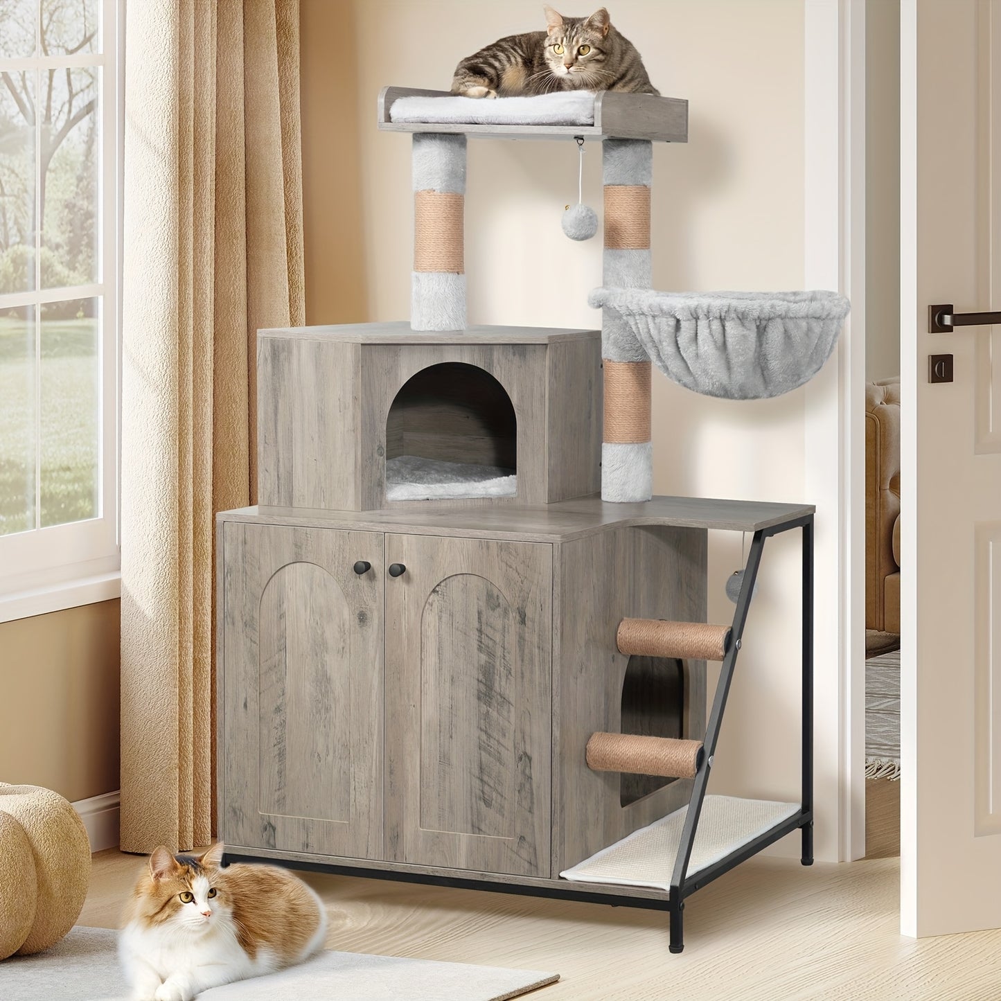 Kat Tree – Krabpaal – Katmeubel – Kat Huis – Katten Krabmeubel – 4-in-1 Multi-Level Design – Wasbare Kussens & Sisal Krabmat – Greige – Geschikt Voor Grote Binnenkatten