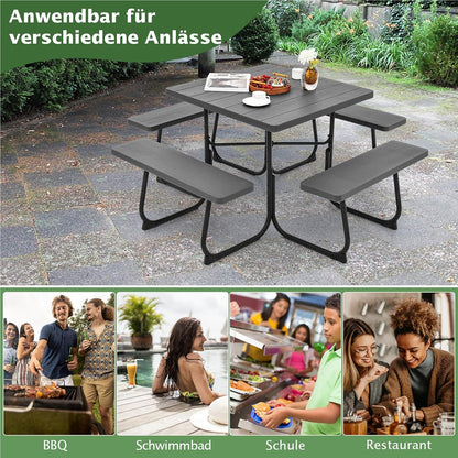 Picknicktafel – Tuinset – Buitenmeubel – Zitzet – Balkontafel – Zwarte Vierkante Tafel 170x170 cm – HDPE Kunststof & Parasolhouder