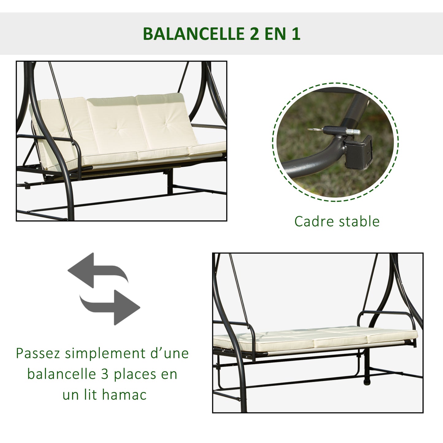 3-zits Tuinbank Schommel – Tuinbank Schommelbank – Buitenschommel – Tuinbank Ligbed – Licht Beige – Verstelbaar Zonnescherm – 8 cm Dik Kussen – Epoxy Gecoat Metaal