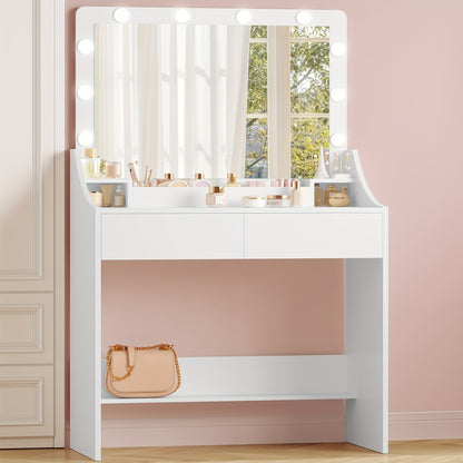 Kaptafel – Make-uptafel – Vanity – Schminktafel – Toilettafel – Wit – Grote Spiegel Met LED-verlichting – 3 Lades & Opbergruimtes