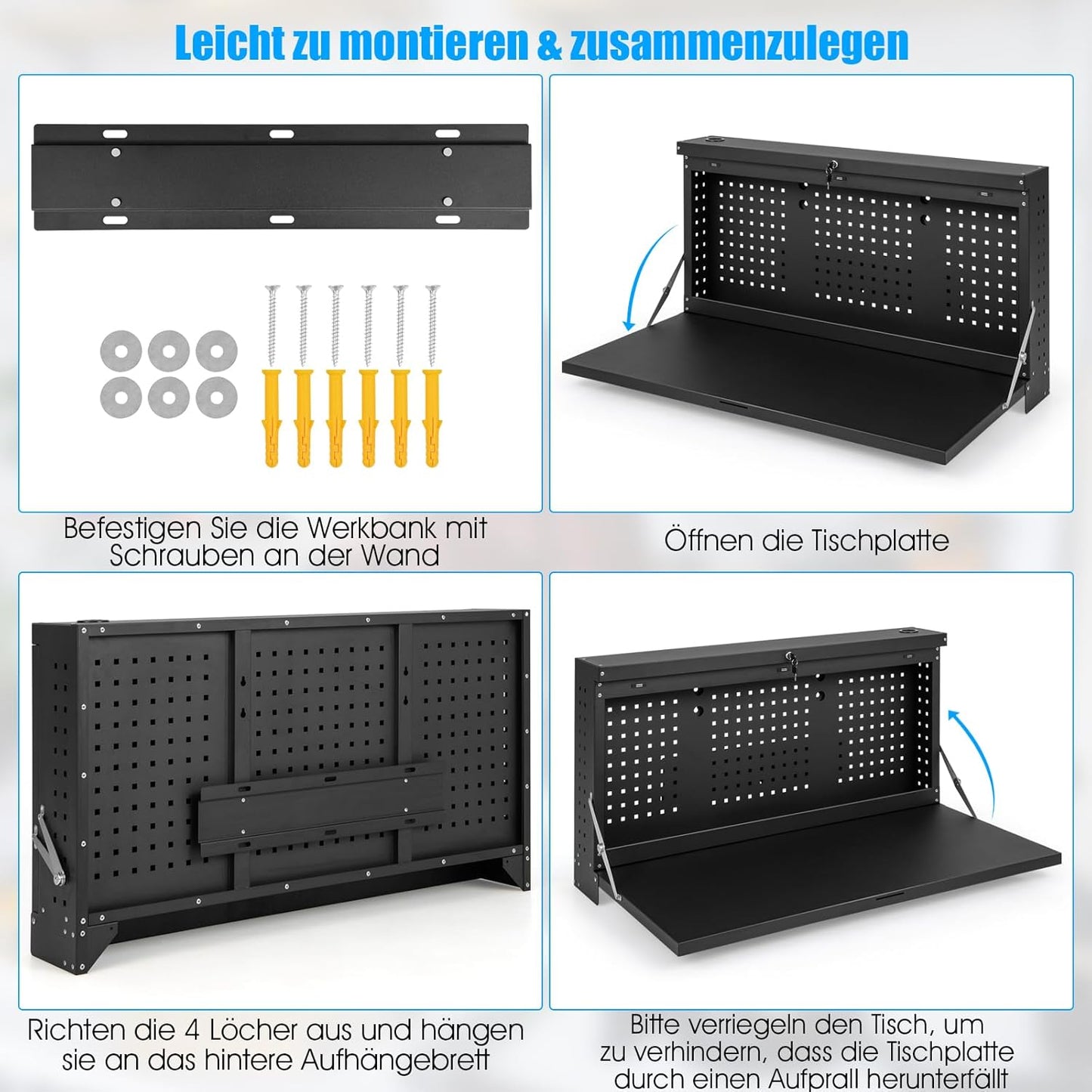 Inklapbare Werkbank – Werktafel – Opbergkast – Pegboard – Garagekast – Muurbevestigd – Vergrendelbaar Met Sleutel – Staal En 50 Kg Draagvermogen