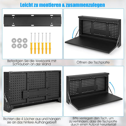 Inklapbare Werkbank – Werktafel – Opbergkast – Pegboard – Garagekast – Muurbevestigd – Vergrendelbaar Met Sleutel – Staal En 50 Kg Draagvermogen