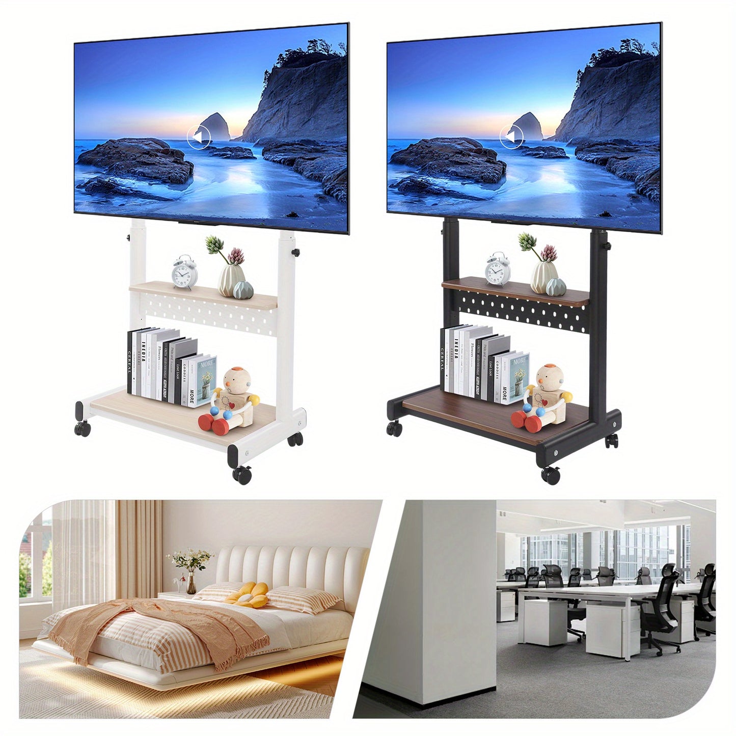 Verstelbare TV-standaard – TV-meubel – TV-houder – TV-onderstel – TV-rack – Zwenkwielen – Verstelbare Hoogte 108,5-128,5 cm – Zwart