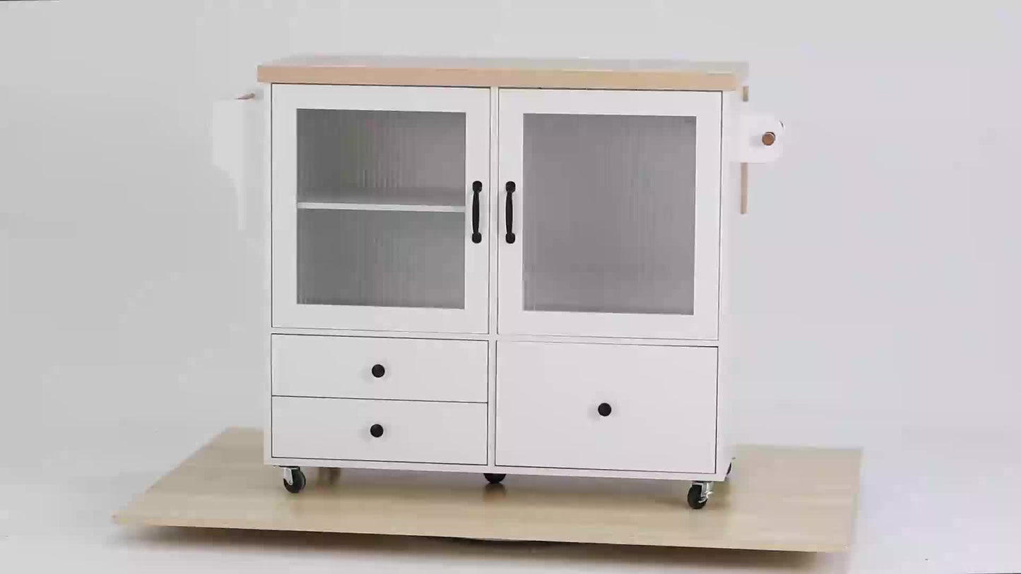 Verplaatsbaar Keukeneiland – Keukentrolley – Bar Tafel – Opbergkast – Eettafel – Inklapbaar – Wijnrek – Wielen Met Rem – Wit – Compact En Stijlvol
