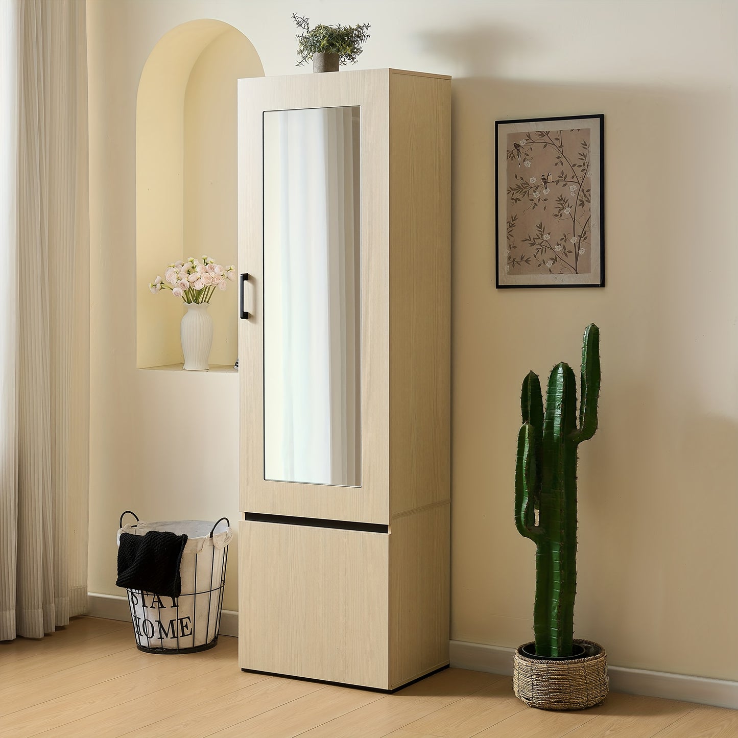 Smalle Kast – Smalle Kledingkast – Smalle Opbergkast – Kapstokkast – Spiegelkast – Houtkleur – Uittrekbare Kledingstang – Ruimtebesparend Design