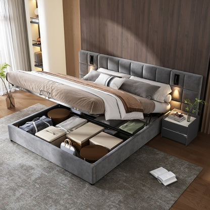 Uitschuifbed – Opbergbed – Bed Met Opbergruimte – Slaapbed – Velours Bed – 180x200cm – Hydraulische Opbergruimte – Verstelbare Lamp