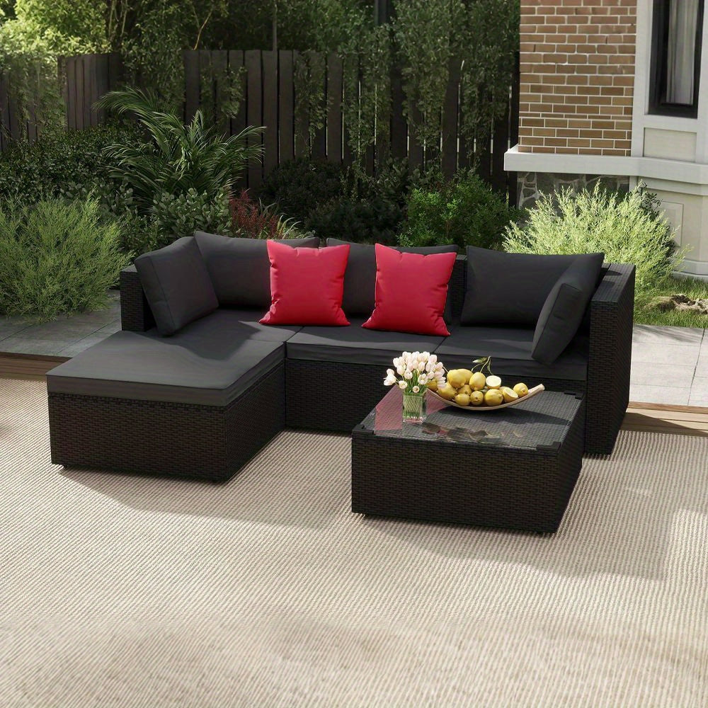 Tuinmeubelset – Balkonmeubels – Loungeset – Rotan Meubels – Buitenmeubels – 5-delig PVC Rattan – Met Kussens En Glazen Tafel – Zwart
