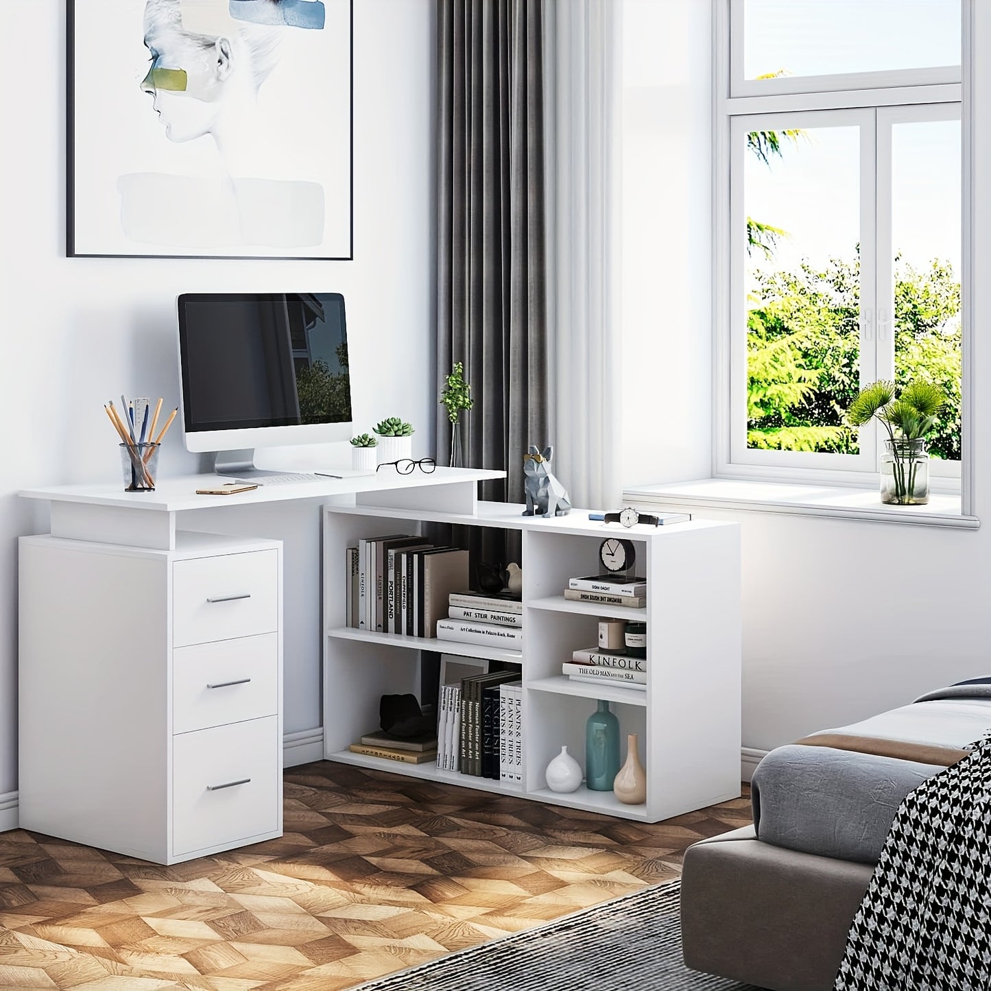 Hoekbureau – Bureau – Computertafel – L-Vormig Bureau – Schrijftafel – Wit Gelakt Hout – 3 Laden Opbergruimte – Compact Ruimtebesparend Design