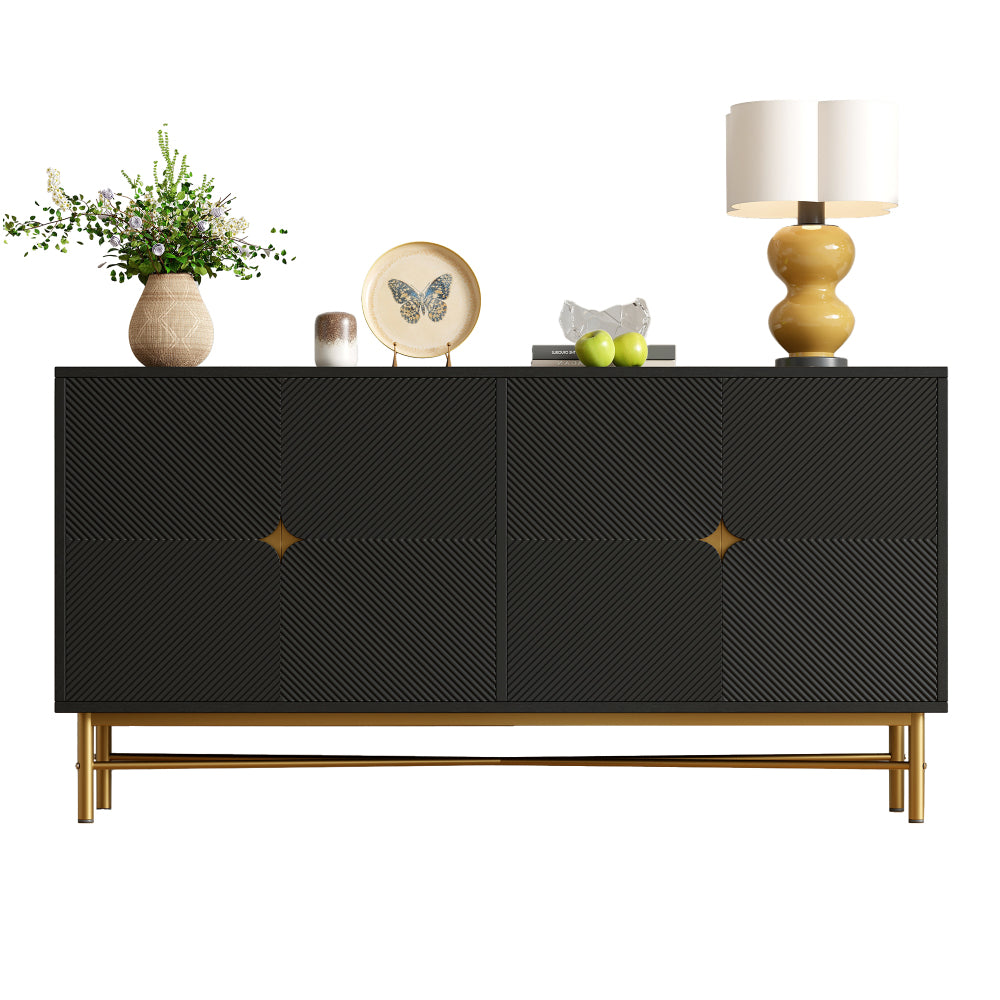Extra Lange Kast – Dressoir – Sideboard – Opbergkast – Vitrinekast – 160 cm Breed – Zwart Spaanplaat – Vrijstaand Ontwerp – Gouden Handgrepen & Poten