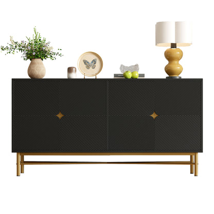Extra Lange Kast – Dressoir – Sideboard – Opbergkast – Vitrinekast – 160 cm Breed – Zwart Spaanplaat – Vrijstaand Ontwerp – Gouden Handgrepen & Poten