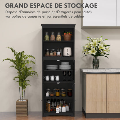 Keukenopbergkast – Keukenkast – Buffetkast – Dressoir – Sideboard – Zwart MDF Met Glazen Deuren – 60x30x162 cm – Verstelbare Plank
